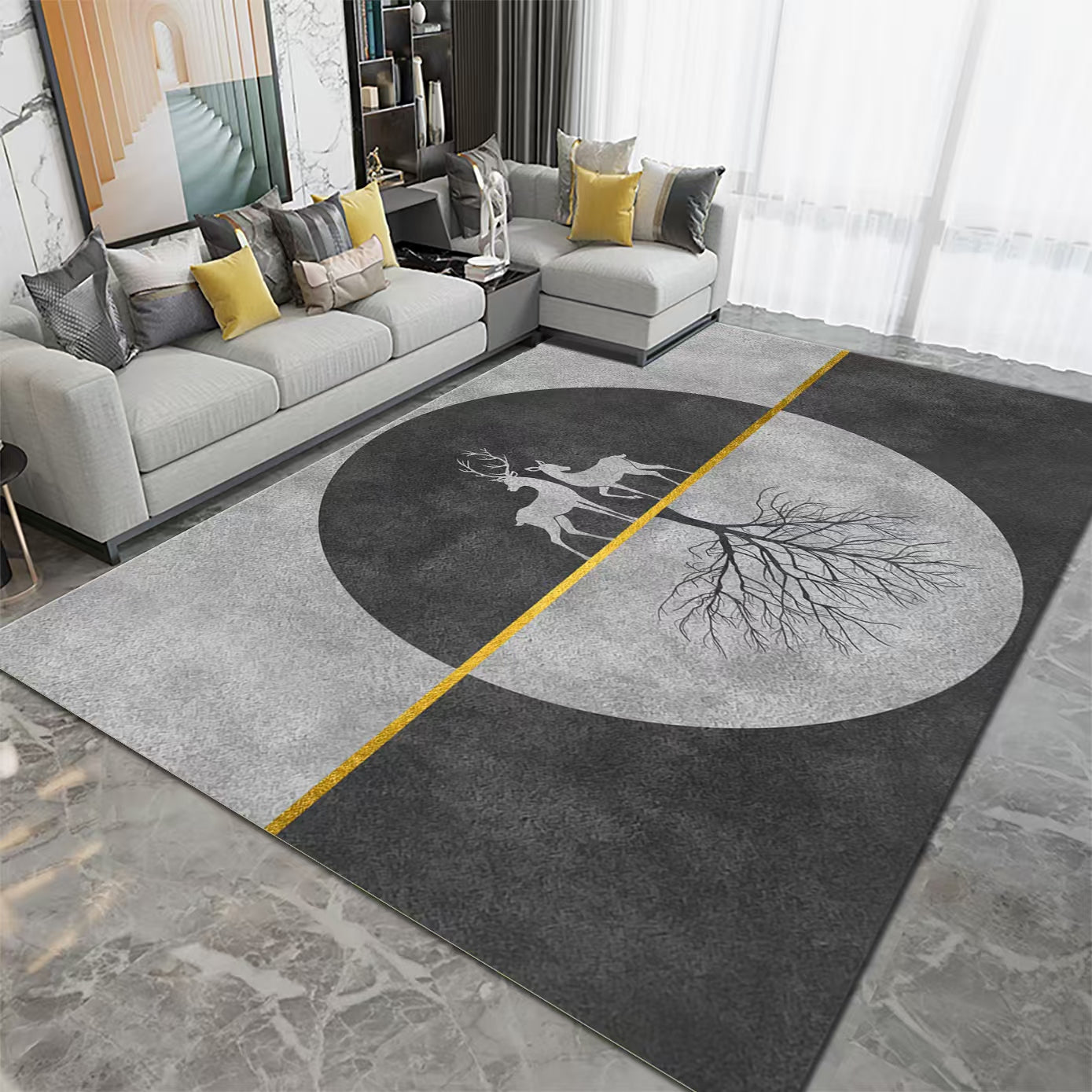 Living room with a modern rug featuring abstract designs on a gray sofa.